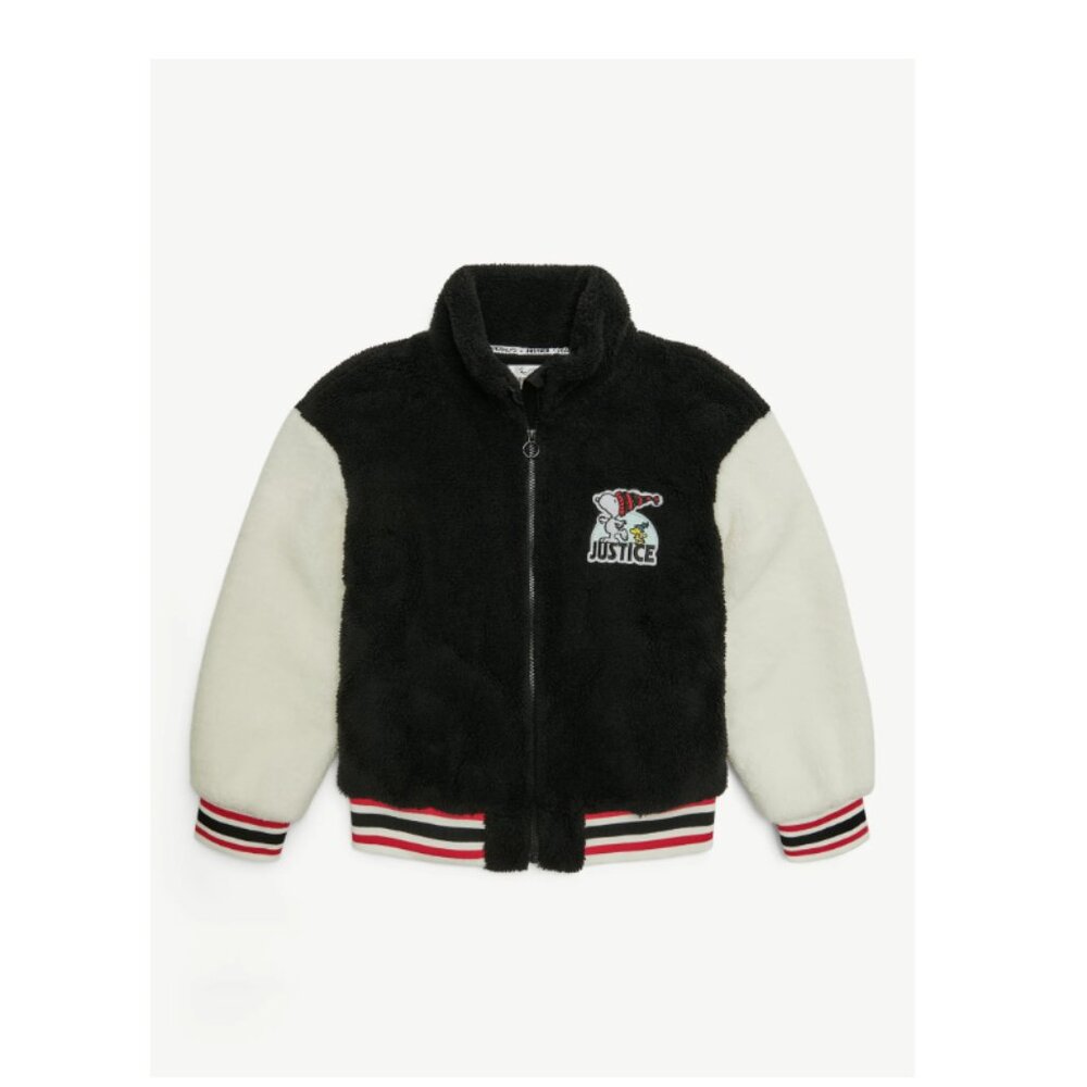 Justice x Snoopy Girls Sherpa Jacket Black Full Zip Faux Fur (L 12/14)